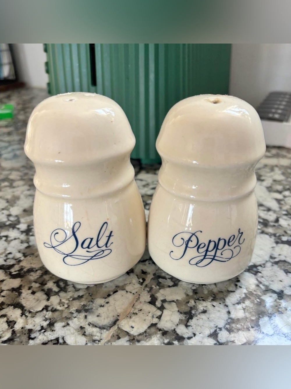Vintage Salt and Pepper Shakers - White Ceramic with Blue Script